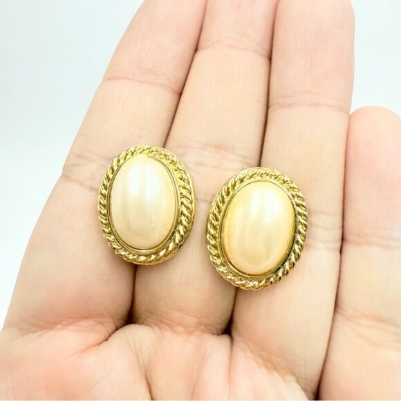 1980s Monet Gold Plated Faux Pearl Pierced Earrings - Picture 3 of 5
